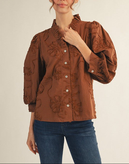 Rosemary Floral Embroidered Ruffle Neck Blouse