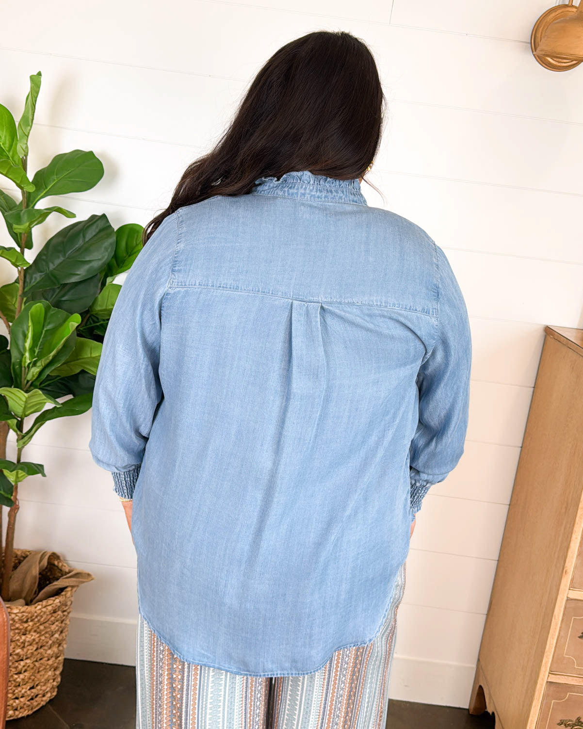 Sweet Serenity Chambray Ruffle Neck Smocked Cuff Shirt