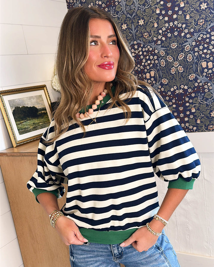 World's Apart Striped Back Seam Pullover