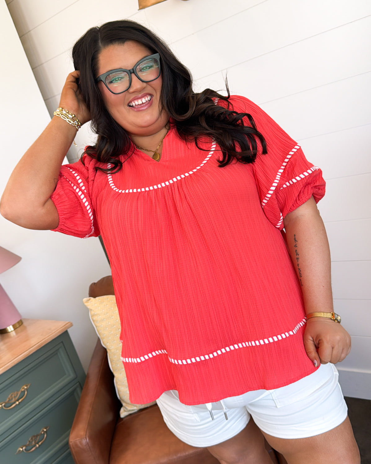 Sunrise Stroll Textured Contrast Trim Top