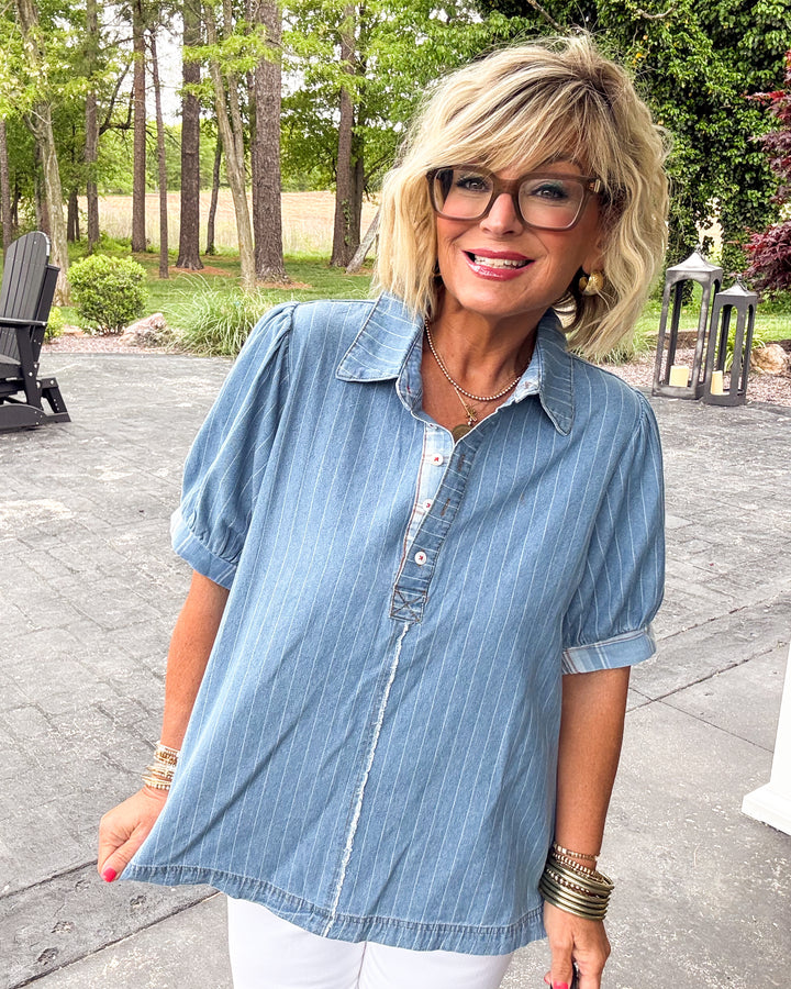 Along The Shore Striped Contrast Trim Denim Shirt