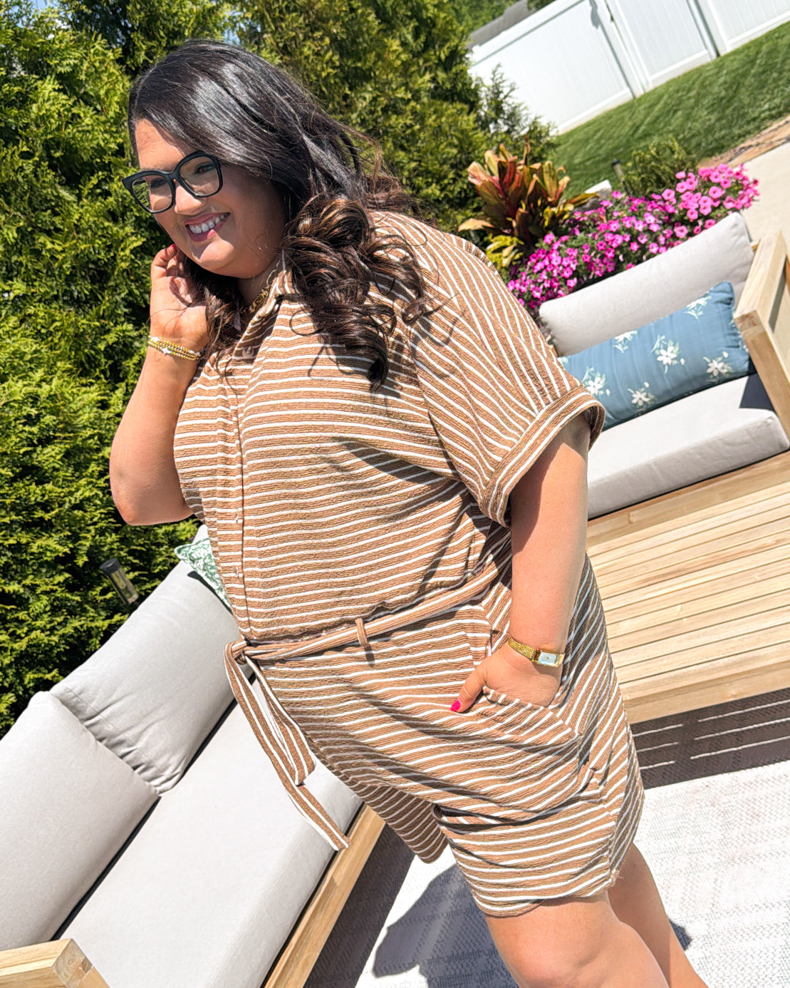 Off The Clock Striped Half Button Romper