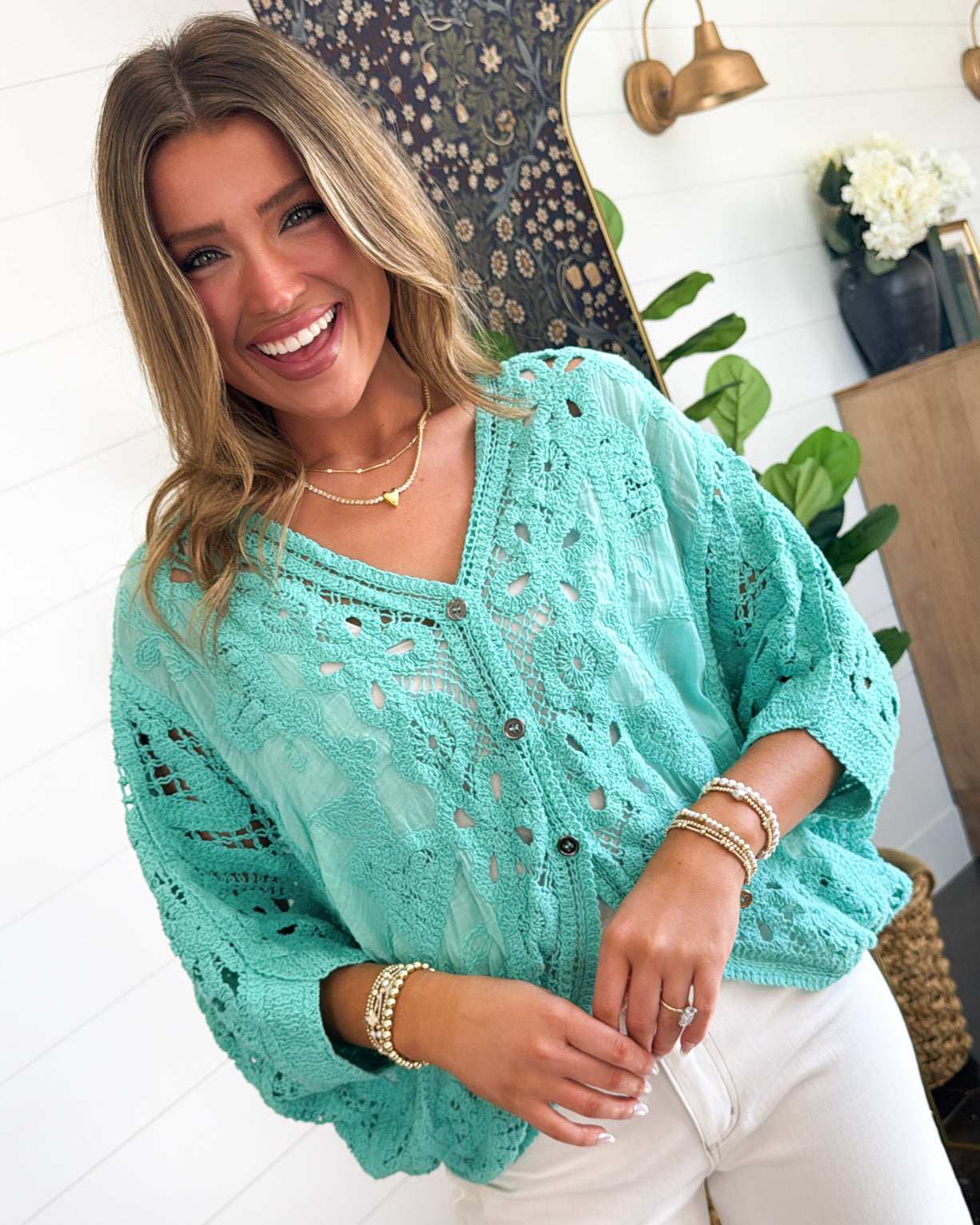 Open Your Mind Crocheted Button Up Cardigan