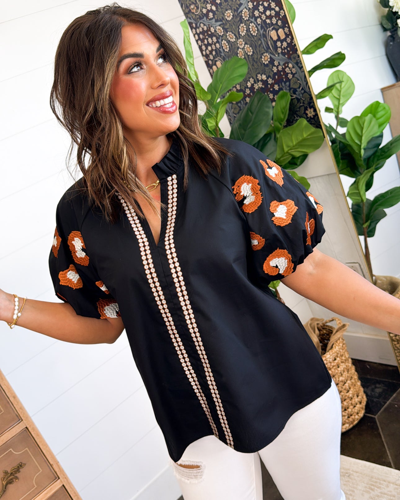 Pretty Wild Leopard Embroidered Sleeve Top