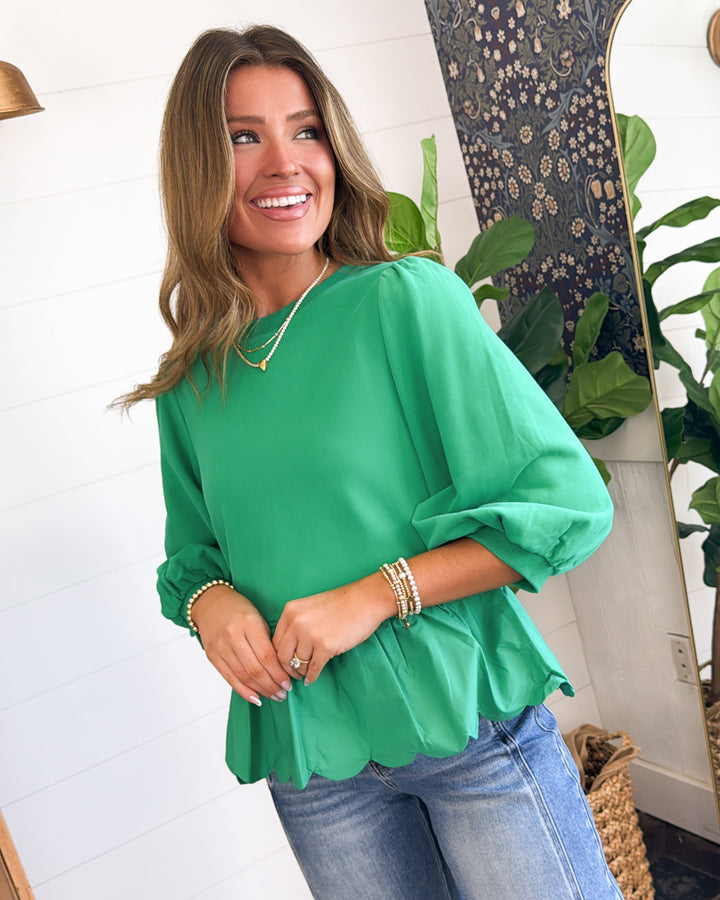 Charming Traveler Mixed Knit Scallop Peplum Top