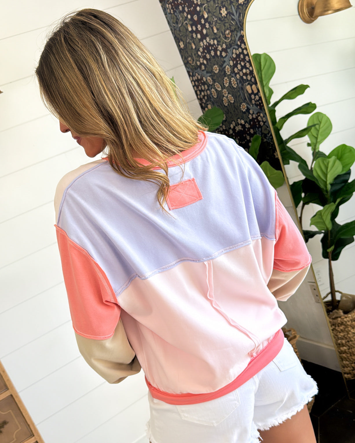 Double Take Color Block Raw Seamed Pullover