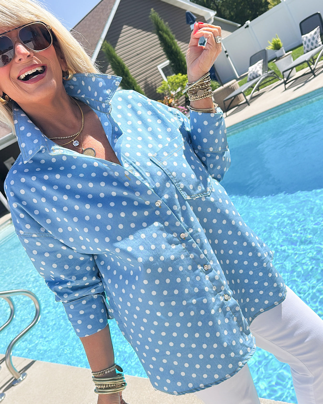 Burst My Bubble Polka Dot Denim Shirt