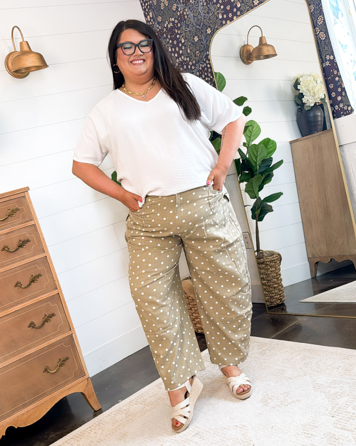 Vivienne High Rise Polka Dot Side Bow Twill Pants