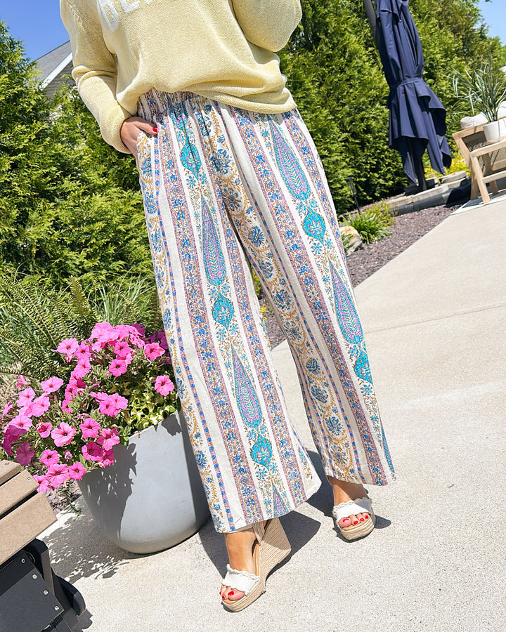 Primrose Linen Border Print Crop Wide Leg Pants