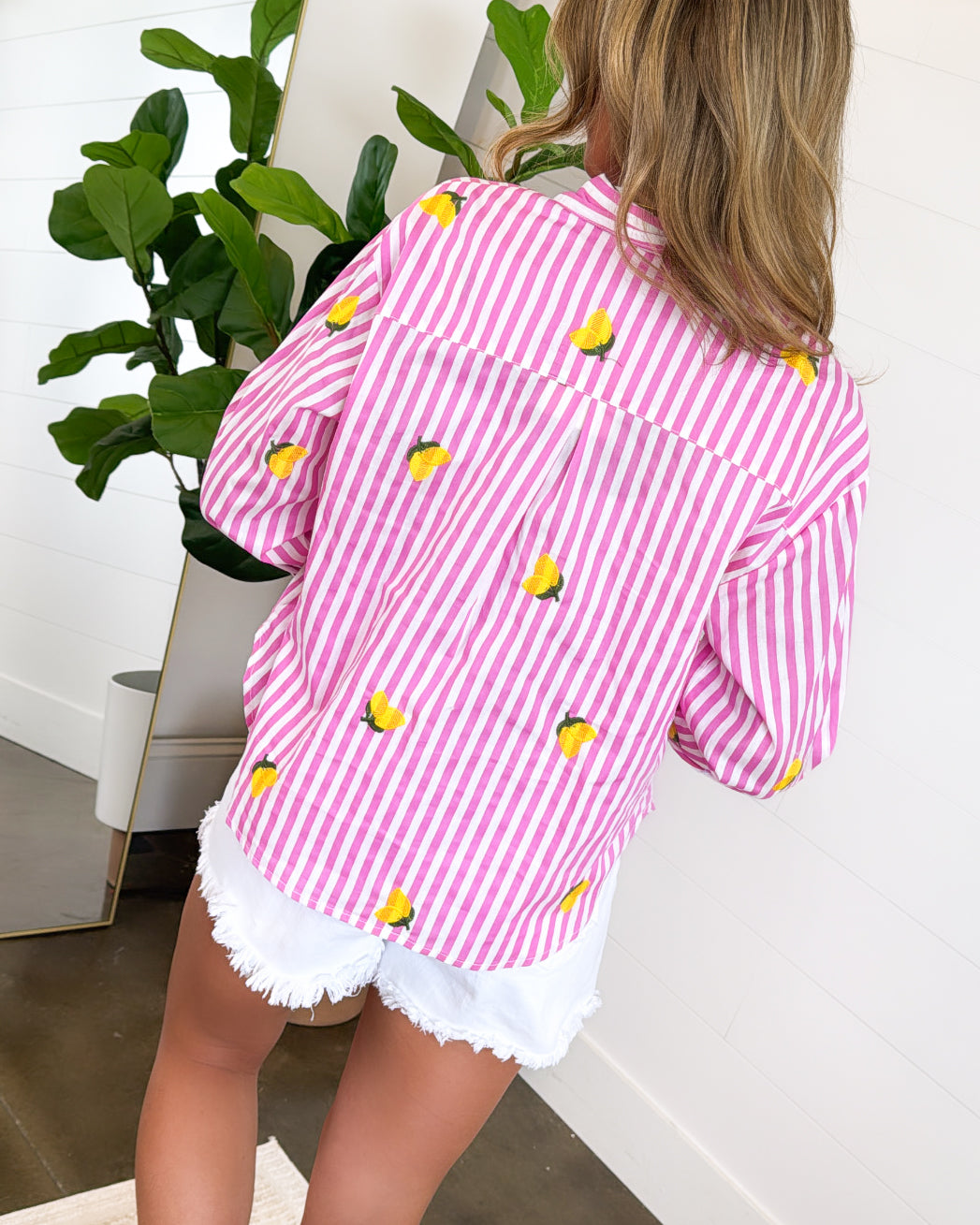 Citrus Charm Striped Lemon Embroidered Shirt