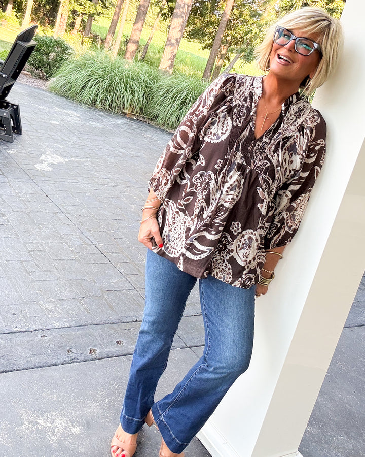 Southern Sass Paisley Smocked Tie Neck Blouse