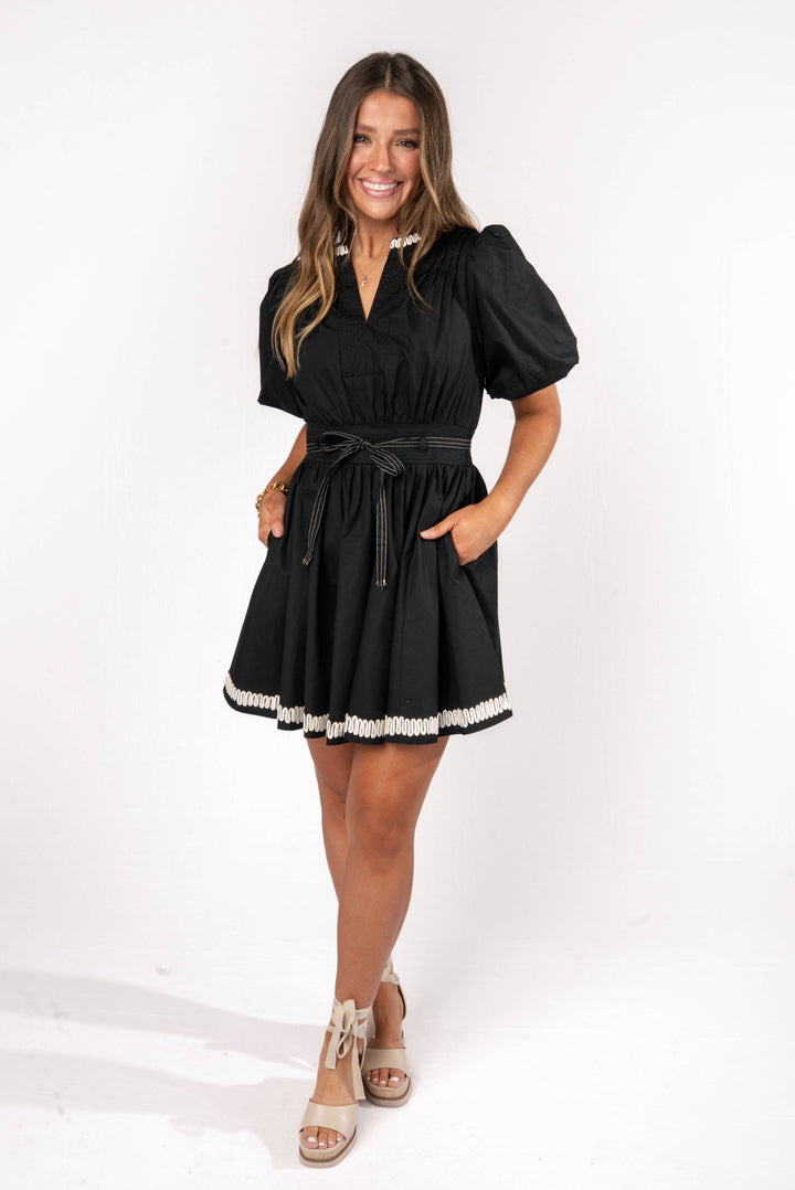 Embroidered Trim Belted Dress