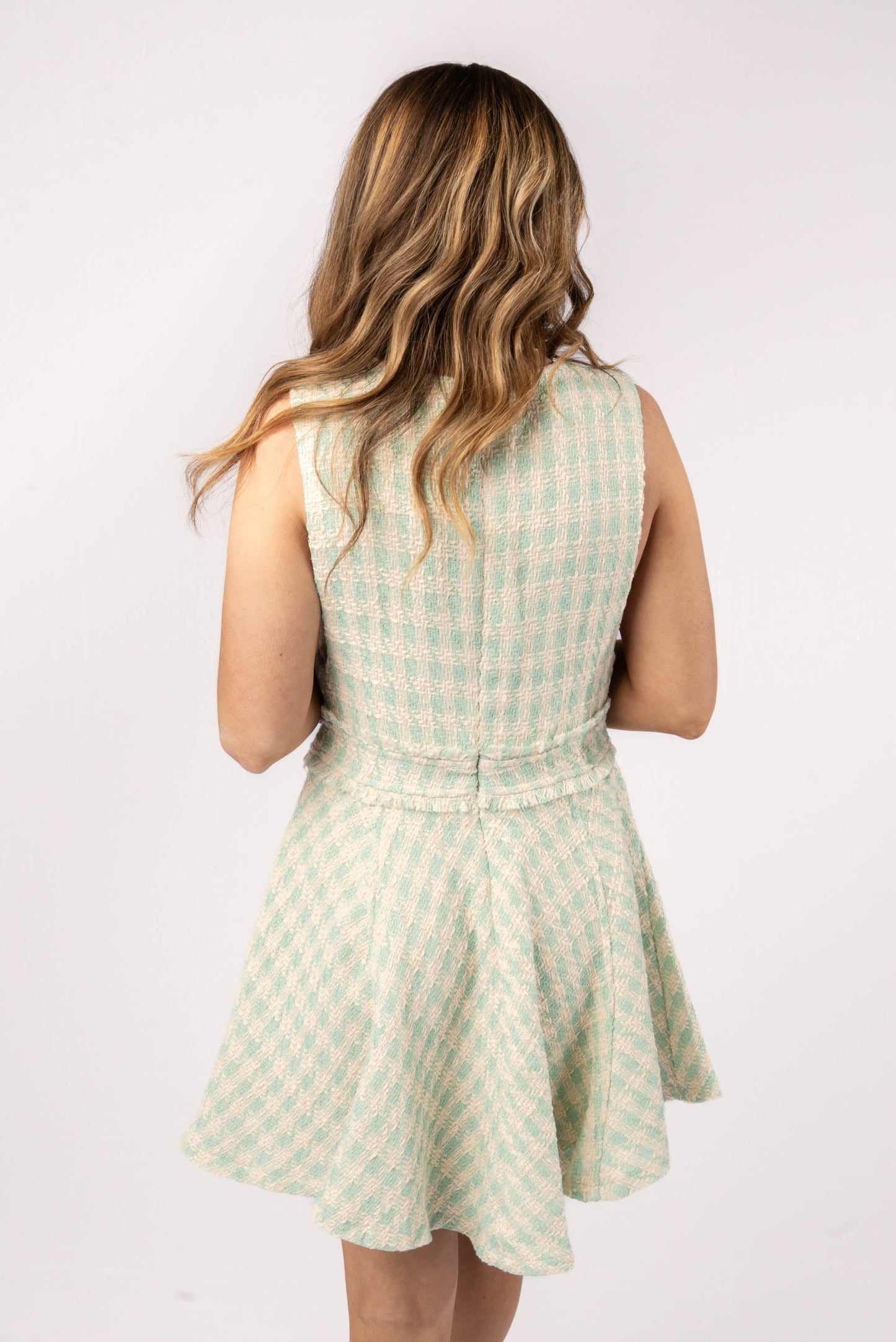 Tweed Plaid Sleeveless Button Detail Dress