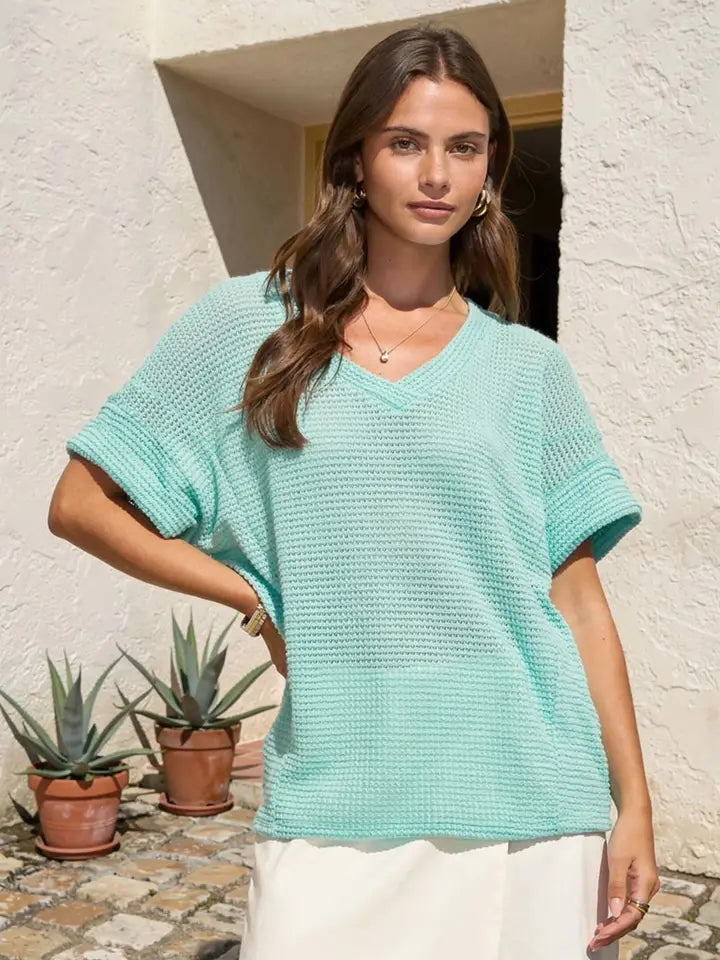 Lakeside Waffle Knit Cuffed Sleeve Top