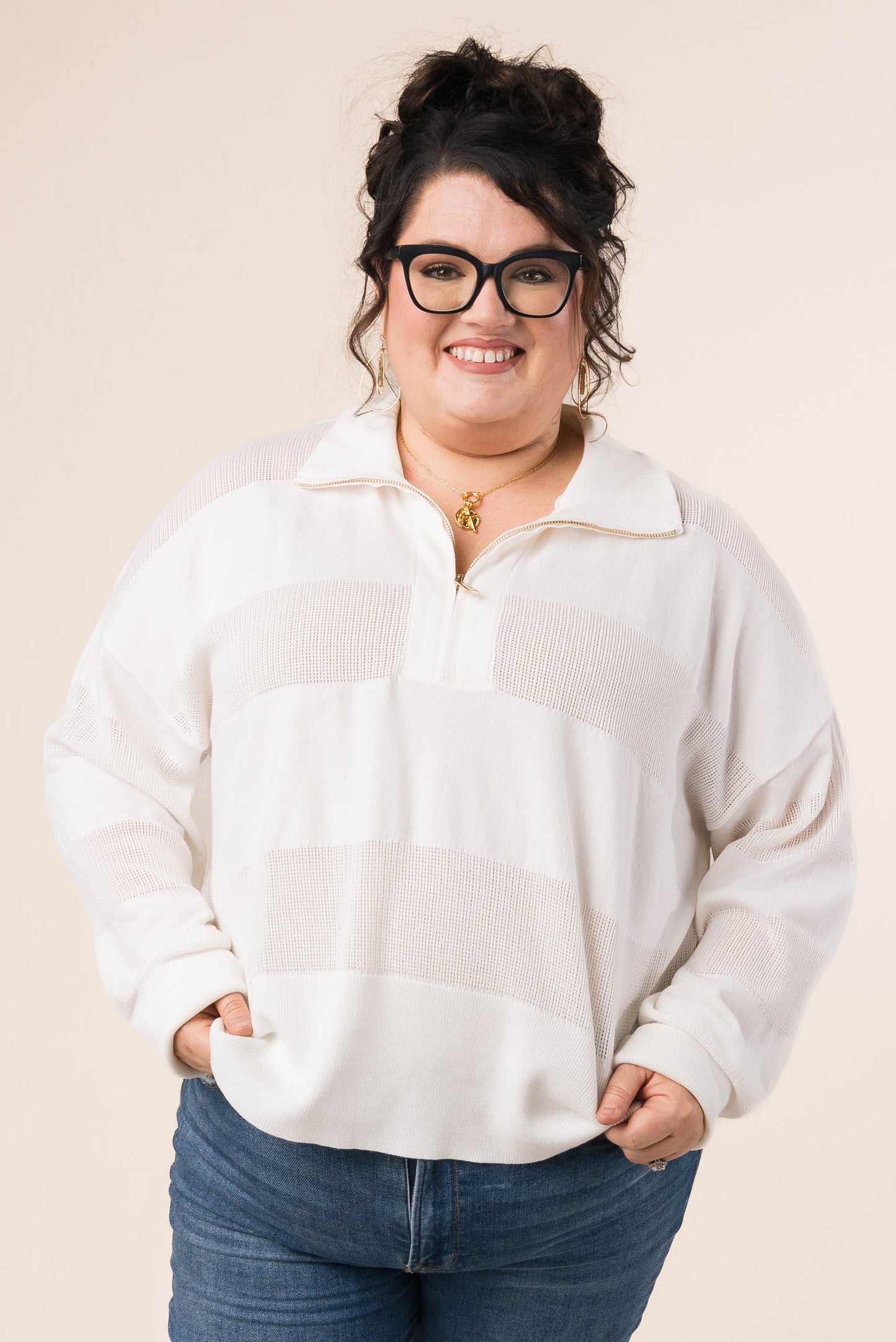 Mixed Knit Half Zip Pullover