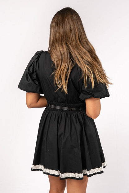 Embroidered Trim Belted Dress