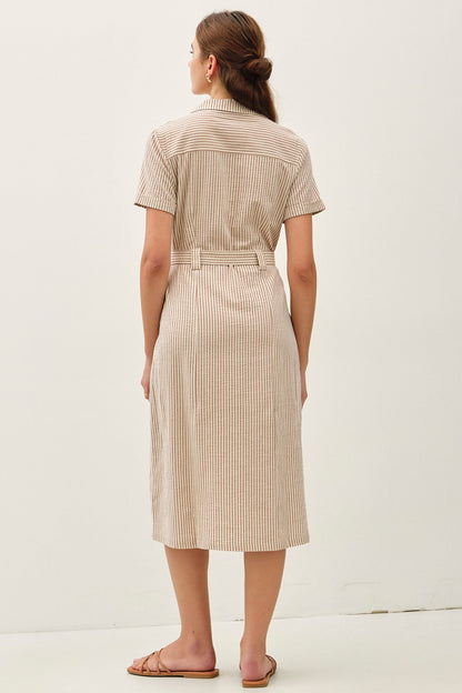 Riverside Resort Striped Linen Midi Shirt Dress