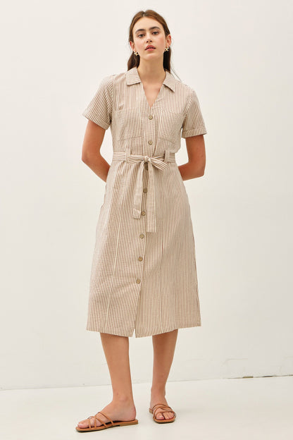 Riverside Resort Striped Linen Midi Shirt Dress