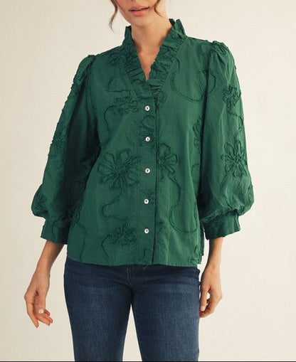 Rosemary Floral Embroidered Ruffle Neck Blouse