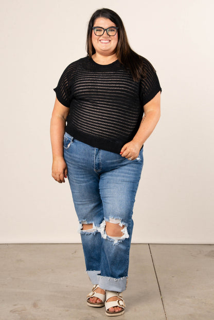 Open Knit Dolman Sweater in Black
