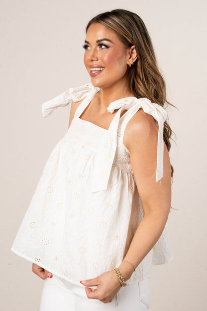Floral Eyelet Tie Shoulder Top