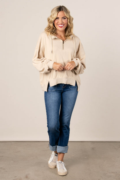 Half Zip Split Hem Hooded Pullover
