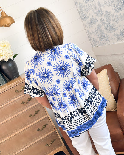 Abstract Border Print Smocked Top