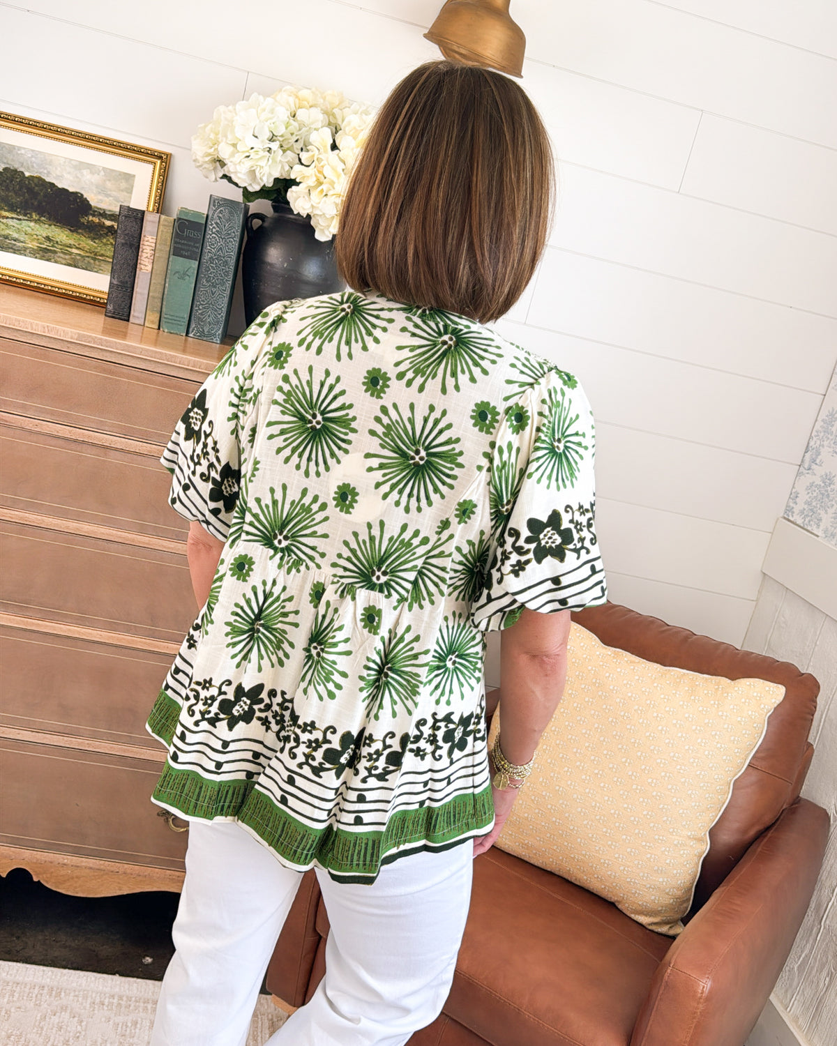 Abstract Border Print Smocked Top