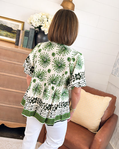 Abstract Border Print Smocked Top