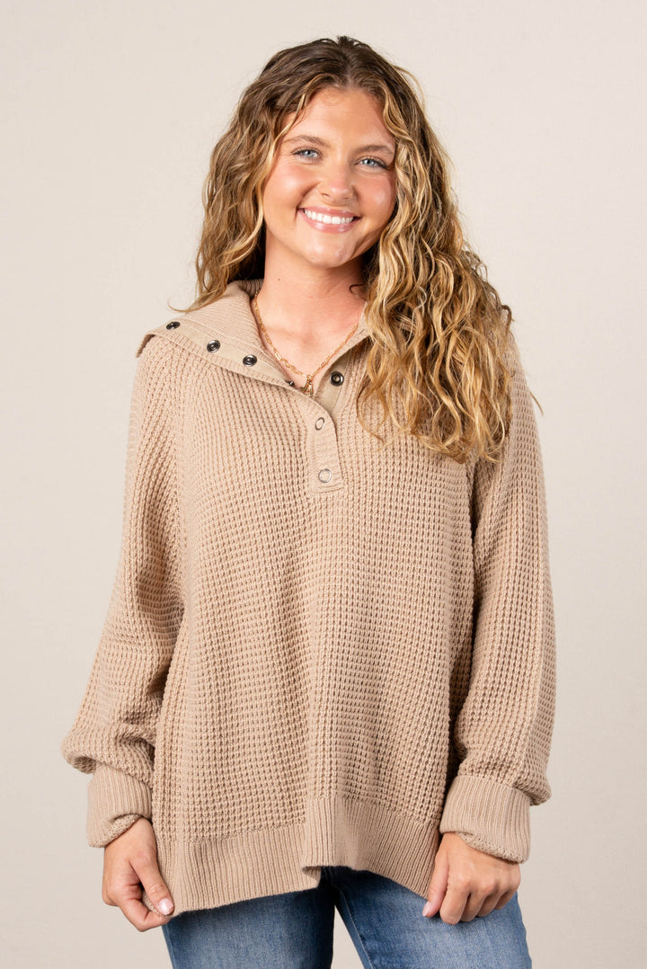 Loretta Waffle Knit Snap Neck Sweater