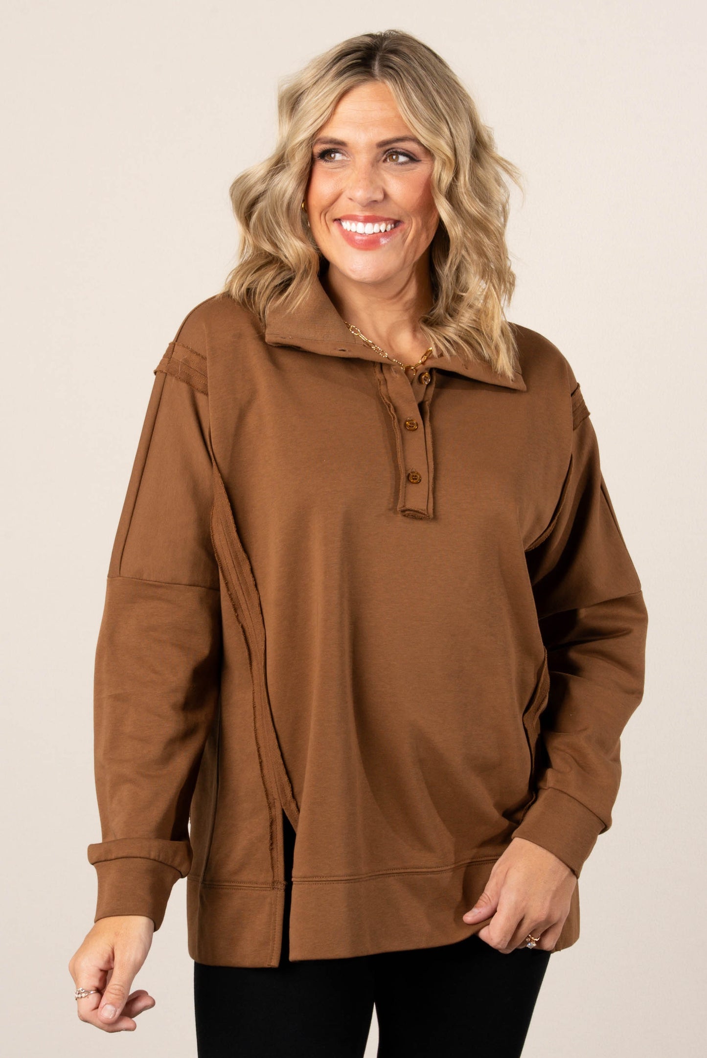 Janet Raw Seamed Button Neck Pullover