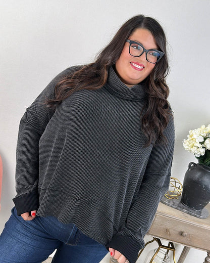 Constance Waffle Knit Raw Seamed Turtleneck Top