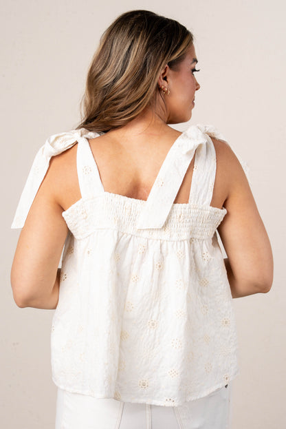 Floral Eyelet Tie Shoulder Top