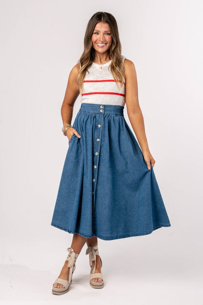 Chambray Button Up Midi Skirt