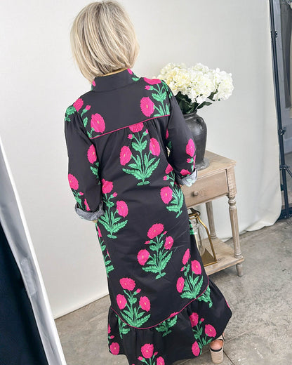 Brightens Any Room Floral Stand Collar Midi Dress
