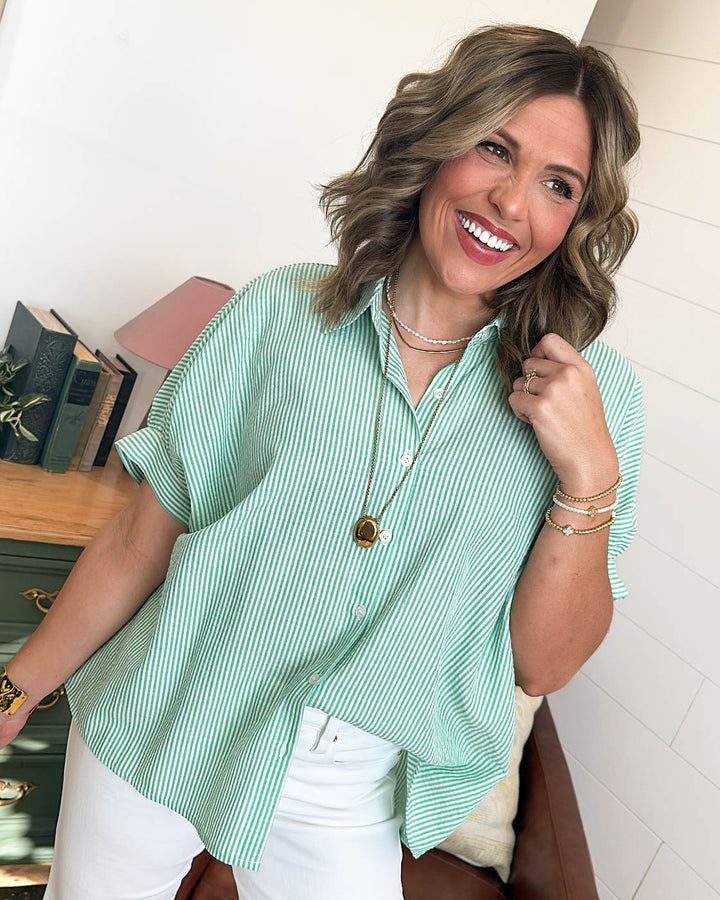Oceanview Striped Gathered Dolman Sleeve Shirt