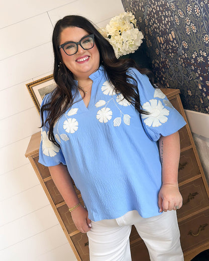 Songbird Floral Applique Frill Neck Blouse