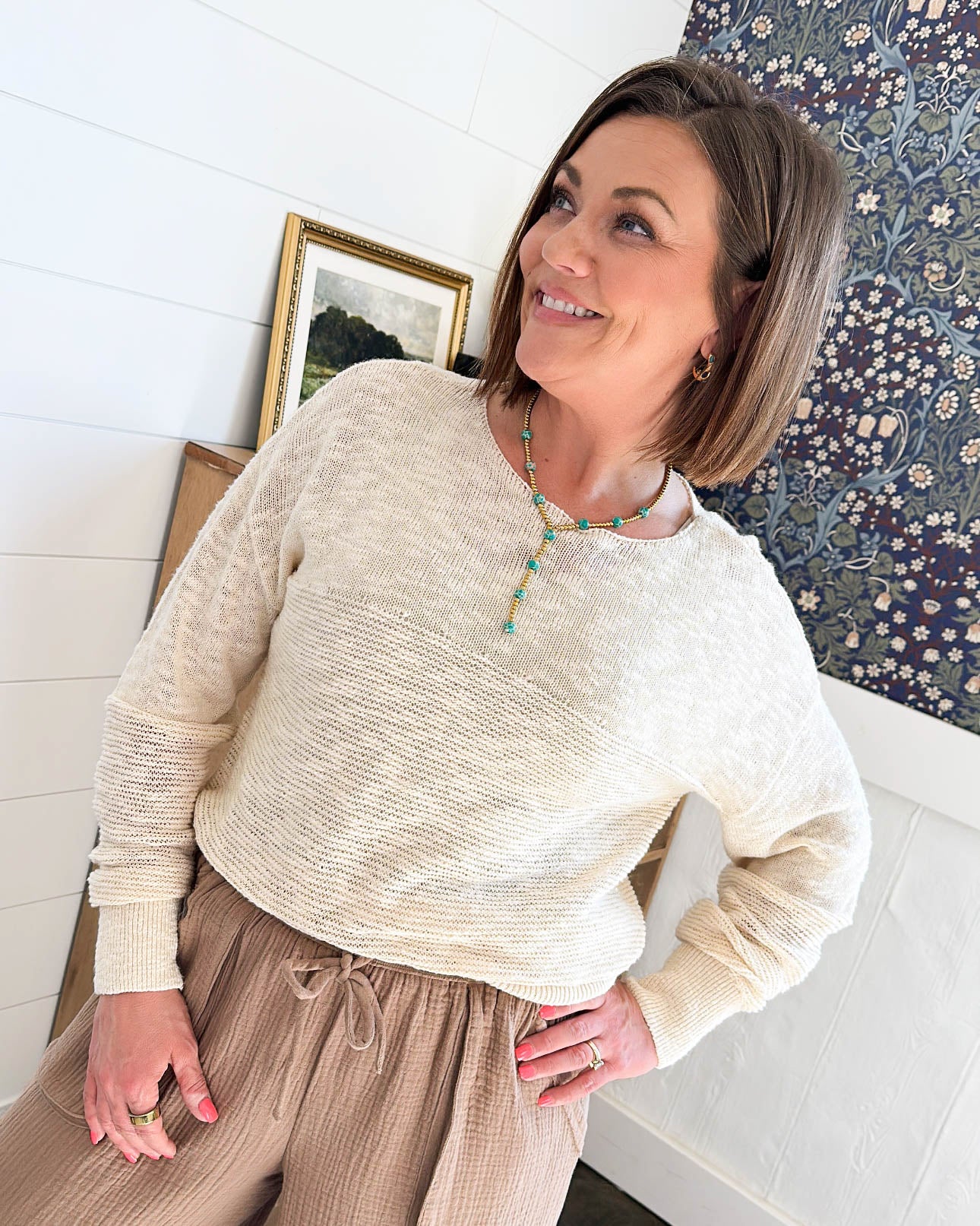 Open Arms Mixed Knit Boat Neck Sweater