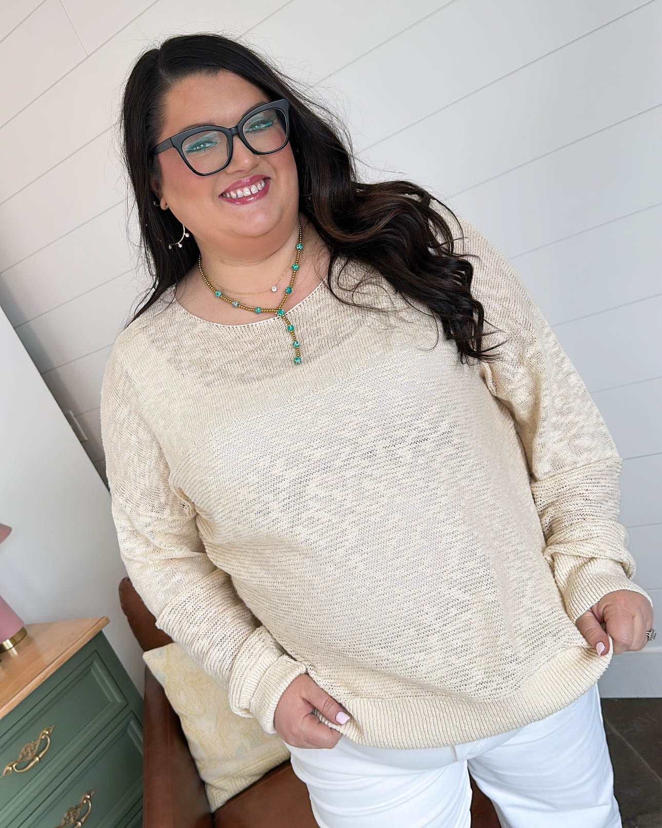 Open Arms Mixed Knit Boat Neck Sweater