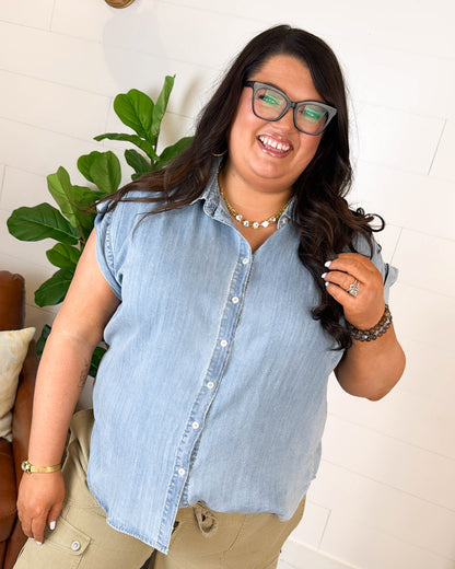 Out Of The Blue Chambray Cap Sleeve Shirt