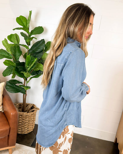 Sweet Serenity Chambray Ruffle Neck Smocked Cuff Shirt