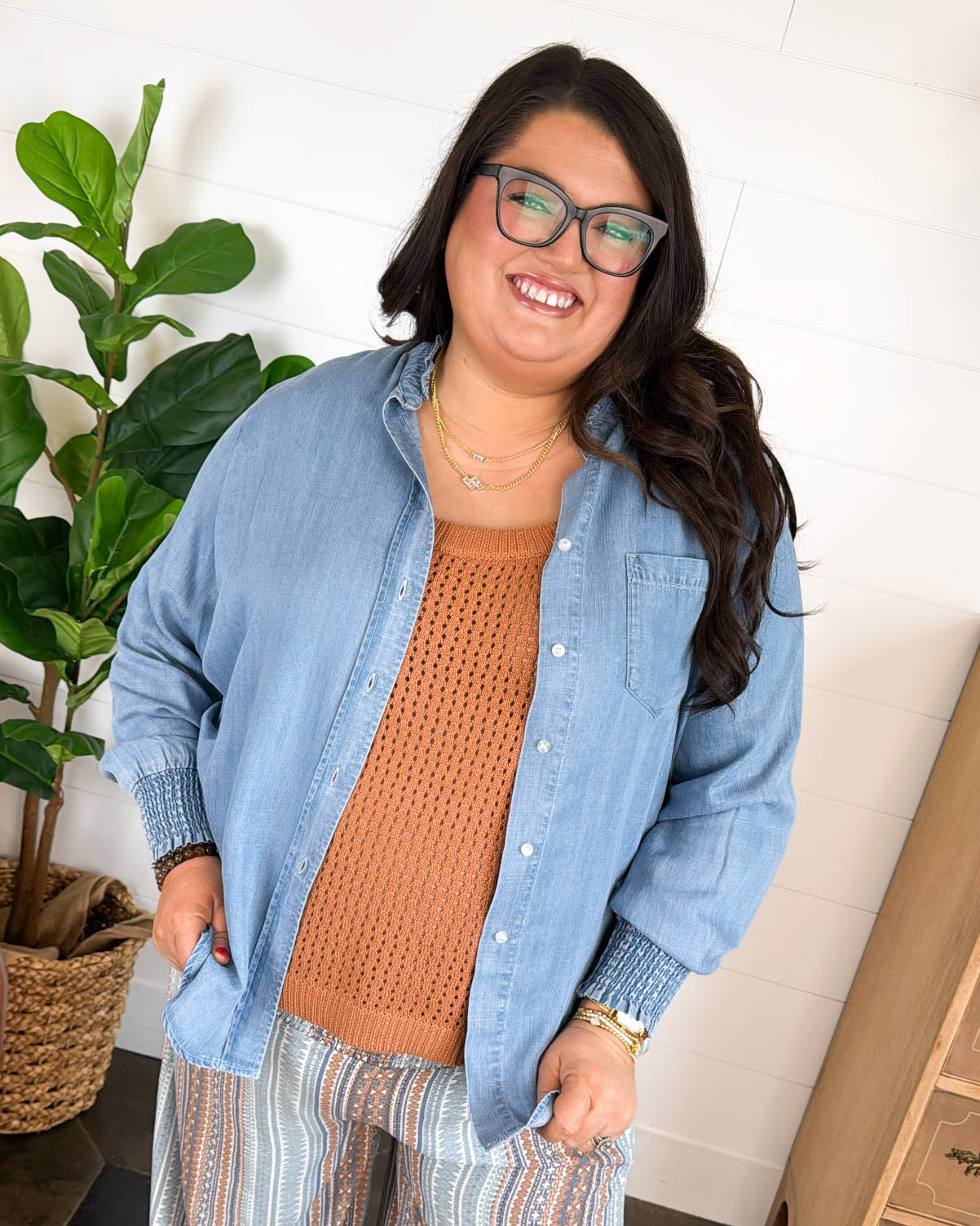Sweet Serenity Chambray Ruffle Neck Smocked Cuff Shirt