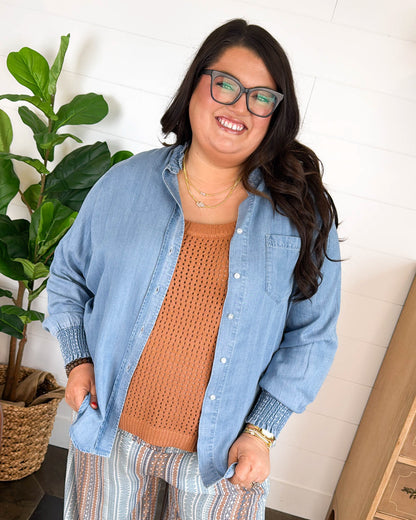 Sweet Serenity Chambray Ruffle Neck Smocked Cuff Shirt