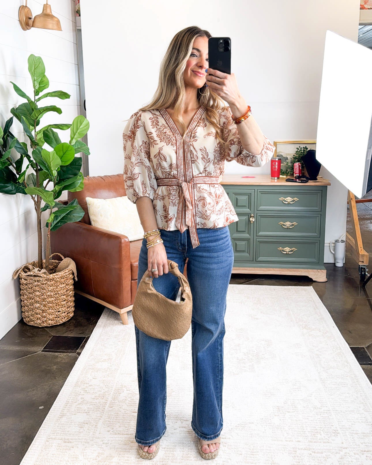 Wind Song Botanical Print Tie Waist Top