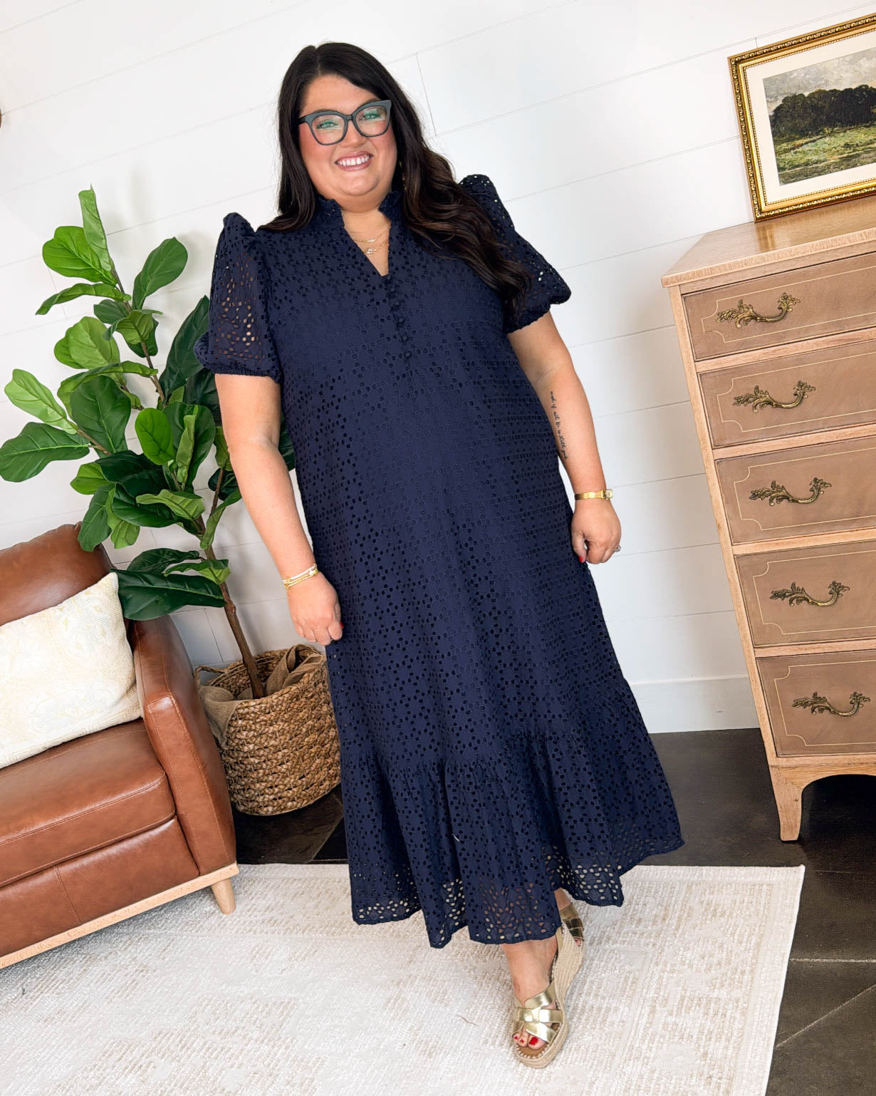 Antigua Bay Lined Eyelet Ruffle Hem Midi Dress