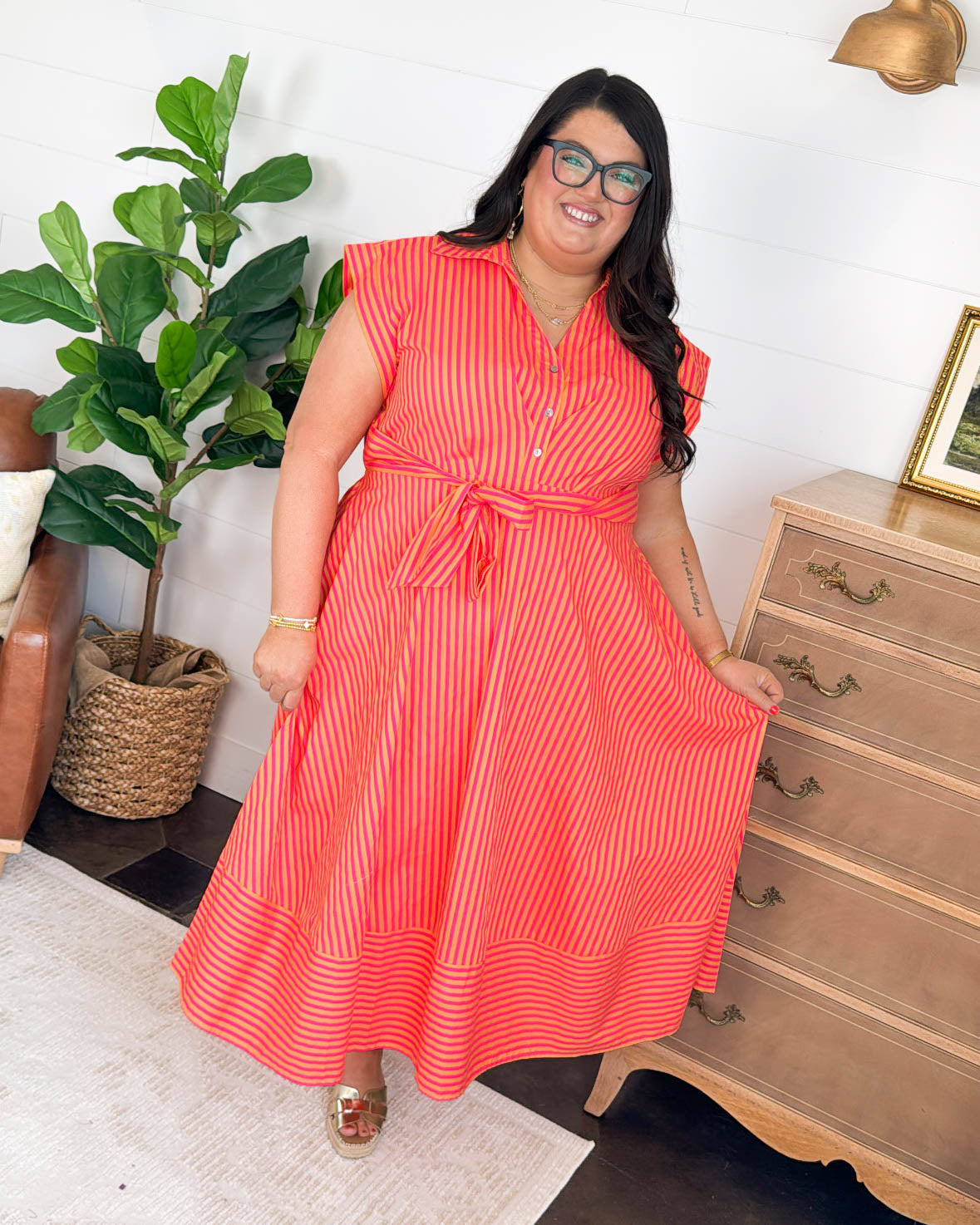 Off The Coast Striped Gathered Waist Midi Dress