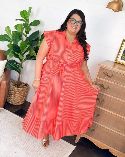 Off The Coast Striped Gathered Waist Midi Dress
