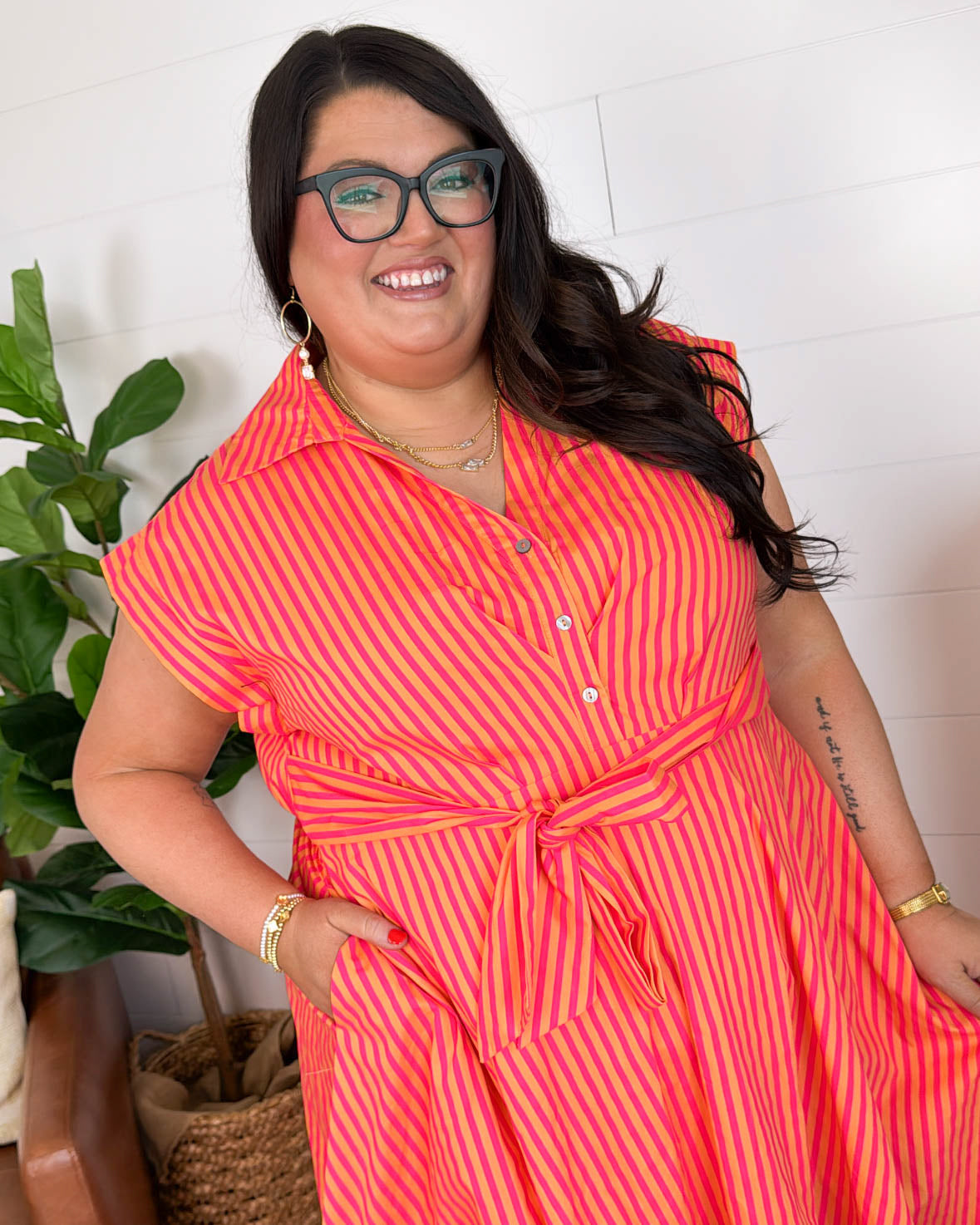 Off The Coast Striped Gathered Waist Midi Dress