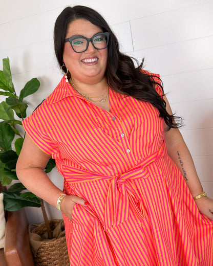 Off The Coast Striped Gathered Waist Midi Dress