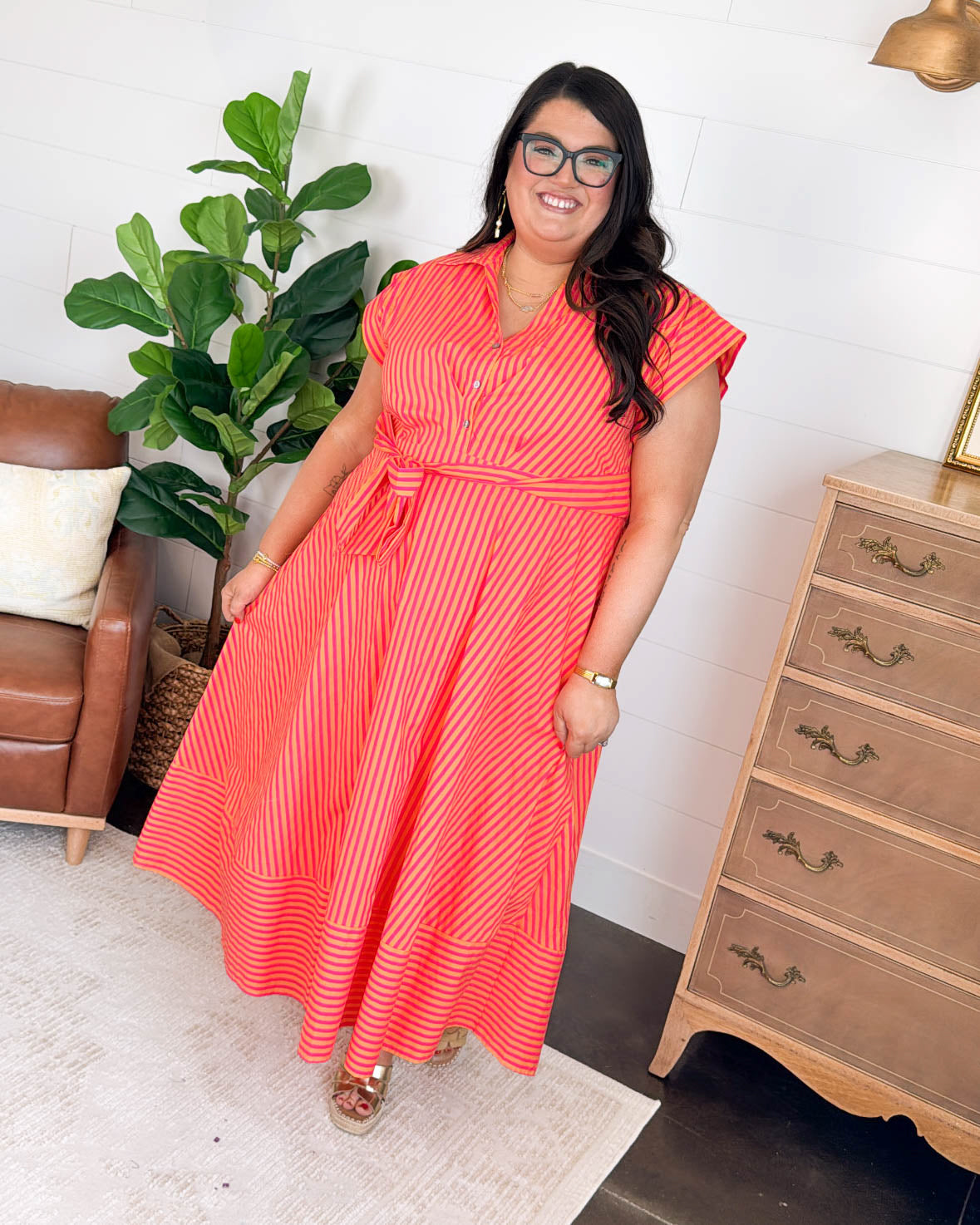 Off The Coast Striped Gathered Waist Midi Dress